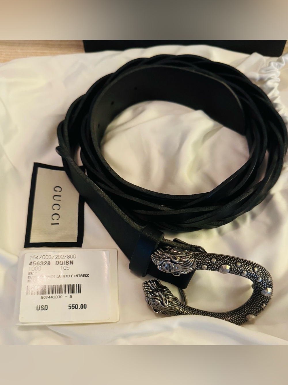 Men Gucci Black Leather Wrap Belt with Decorative Silver-Tone Lion Buckle - Picture 3 of 11